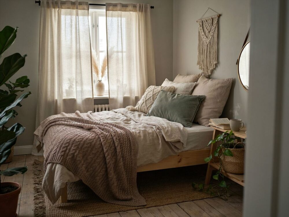 Przytulna sypialnia boho w szarościach