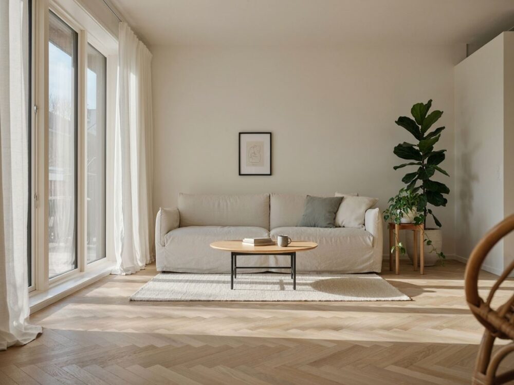 minimalistyczny salon w jasnych barwach